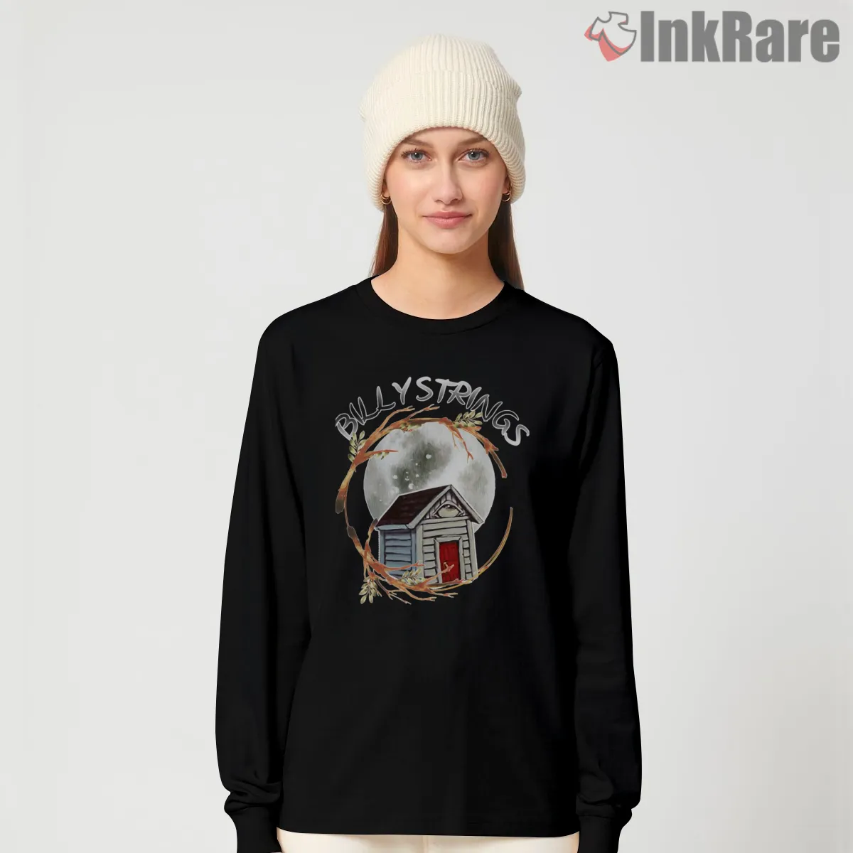 Billy Strings Moonlit Cabin Circle Long Sleeve Black Billy Strings Moonlit Cabin Circle Shirt on black long sleeve shirt for women graphic tee