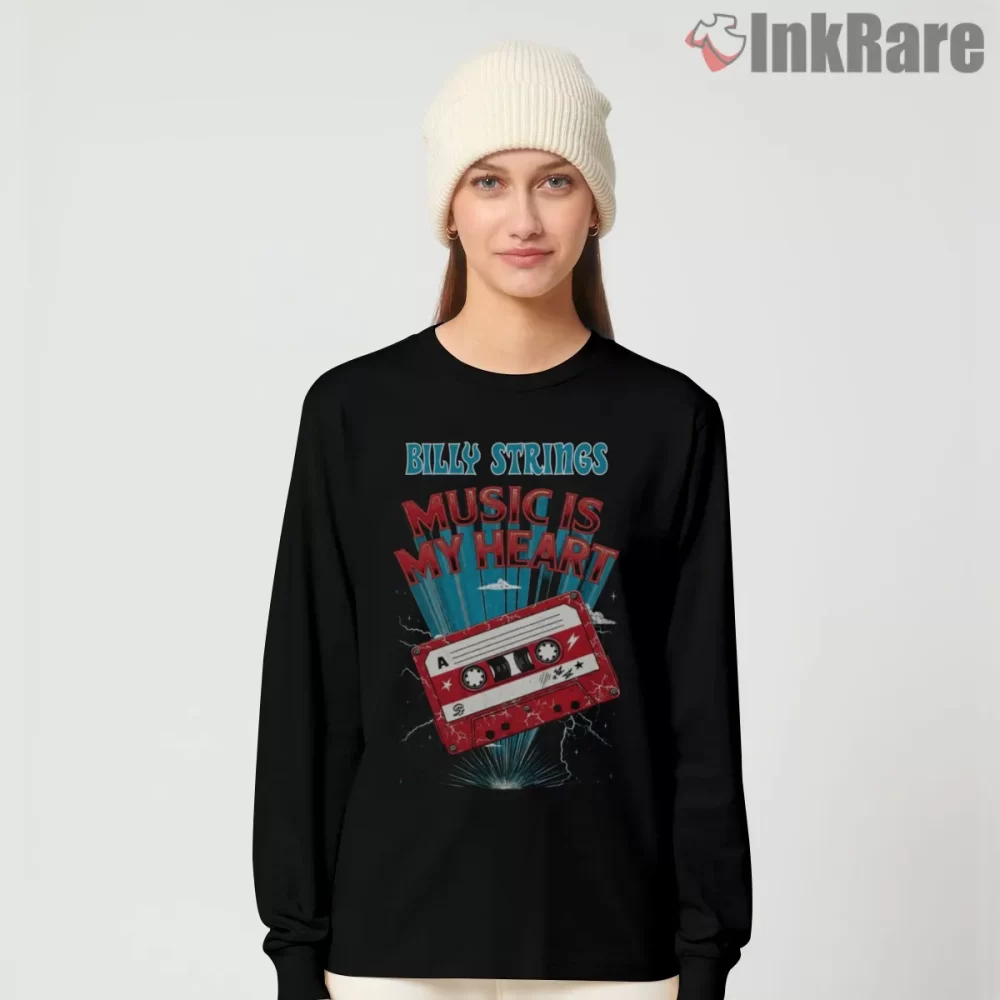 Billy Strings Music Is My Heart Cassette Shirt on black long sleeve shirt for women graphic tee