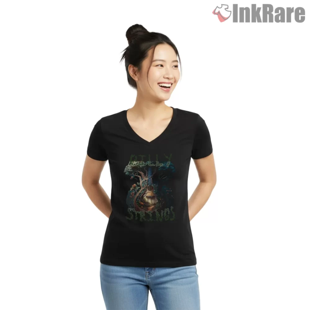 Billy Strings Mystic Tree Lantern Shirt on black v-neck shirt for women graphic tee