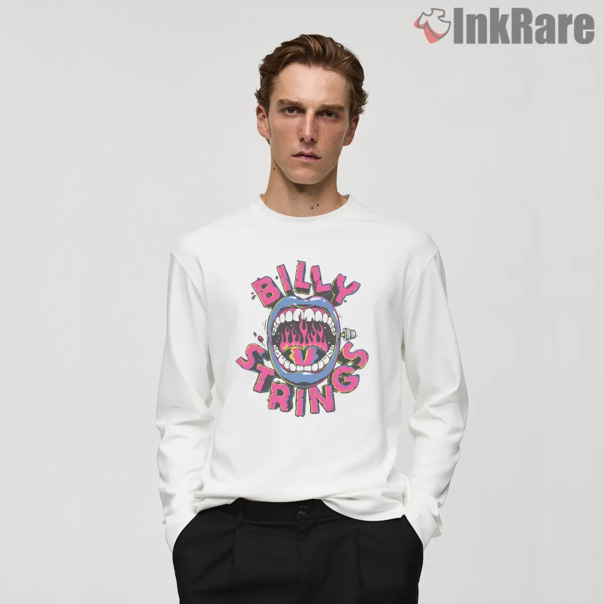 Billy Strings Neon Mouth Psychedelic Logo Band Shirt on white long sleeve shirt for men graphic tee