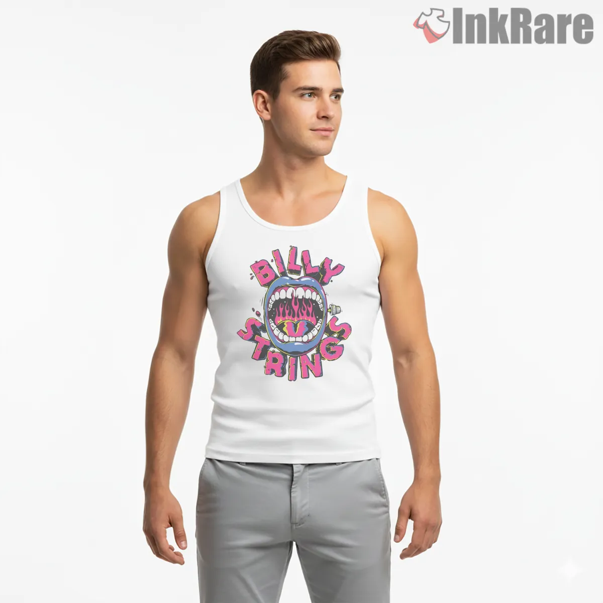 Billy Strings Neon Mouth Psychedelic Logo Band Tank Top White Billy Strings Neon Mouth Psychedelic Logo Band Shirt on white tank top for men graphic tee