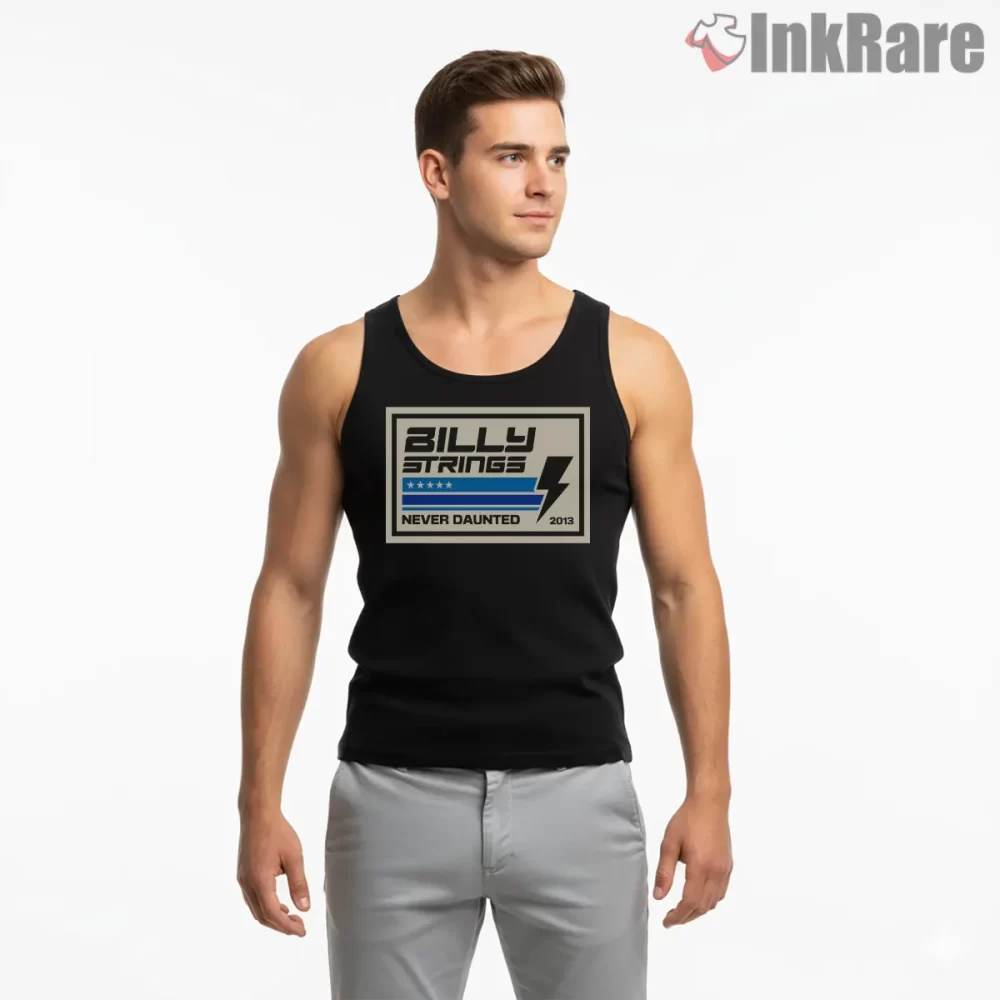 Billy Strings Never Daunted Lightning Badge Shirt on black tank top for men graphic tee