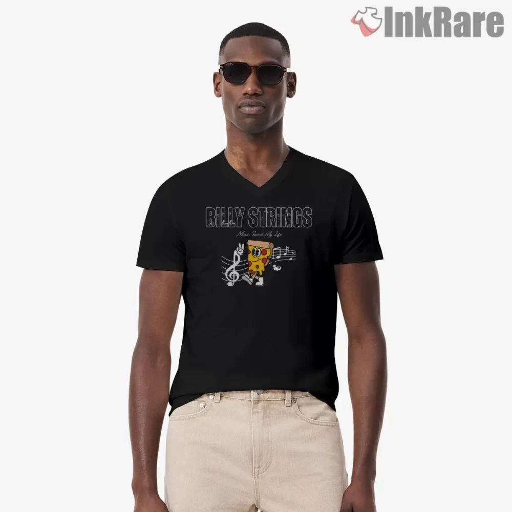 Billy Strings Pizza Groove Cartoon Shirt on black v-neck shirt for men graphic tee