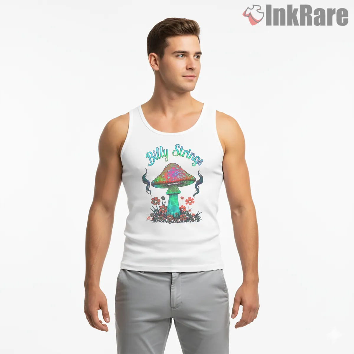 Billy Strings Psychedelic Daisies Mushroom Tank Top White Billy Strings Psychedelic Daisies Mushroom Shirt on white tank top for men graphic tee