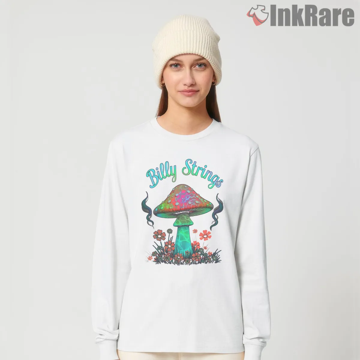 Billy Strings Psychedelic Daisies Mushroom Long Sleeve White Billy Strings Psychedelic Daisies Mushroom Shirt on white long sleeve shirt for women graphic tee
