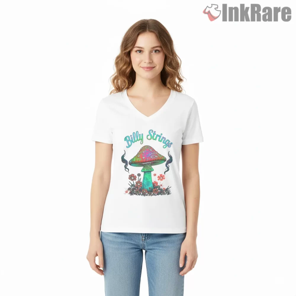 Billy Strings Psychedelic Daisies Mushroom Shirt on white v-neck shirt for women graphic tee