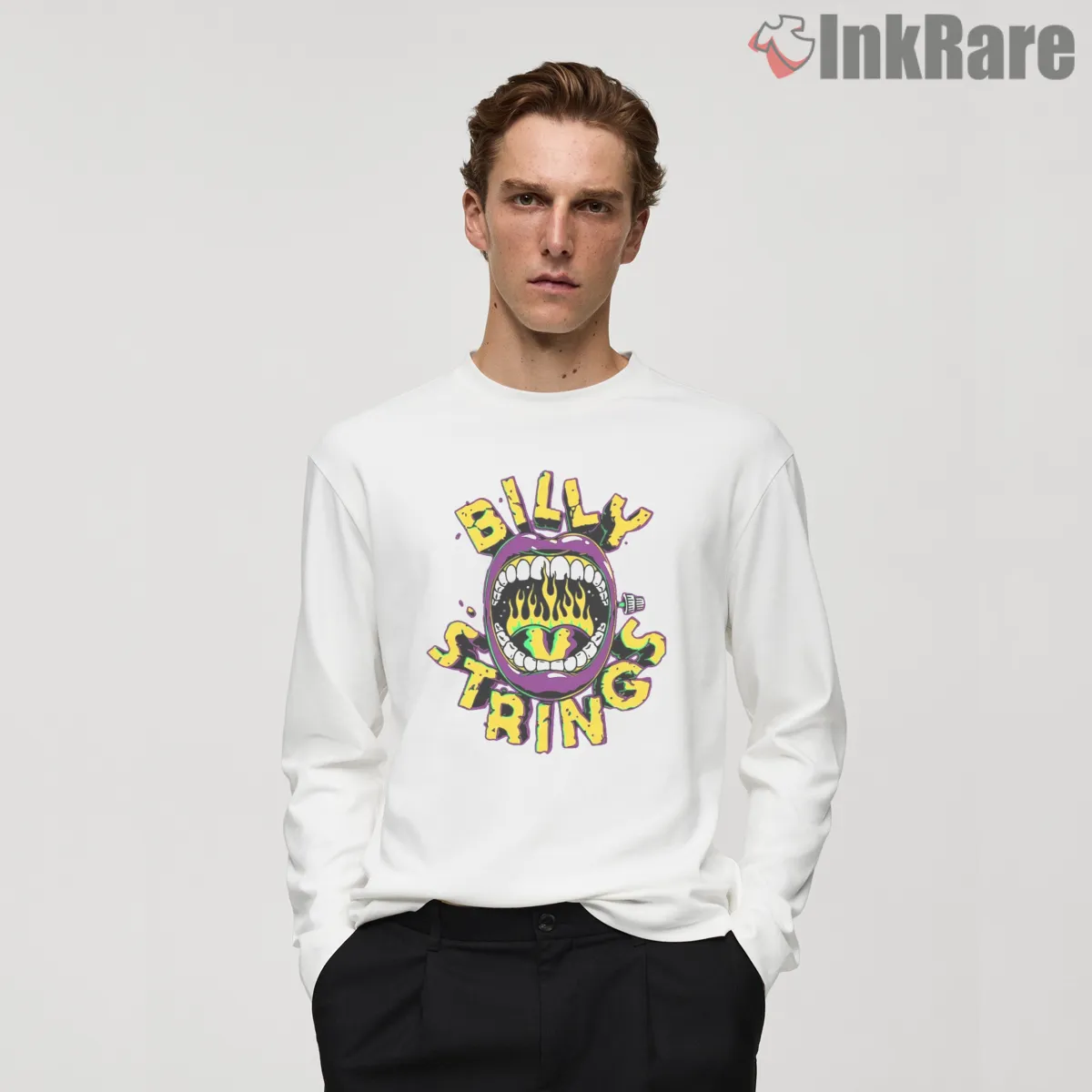 Billy Strings Psychedelic Fire Mouth Shirt on white long sleeve shirt for men graphic tee