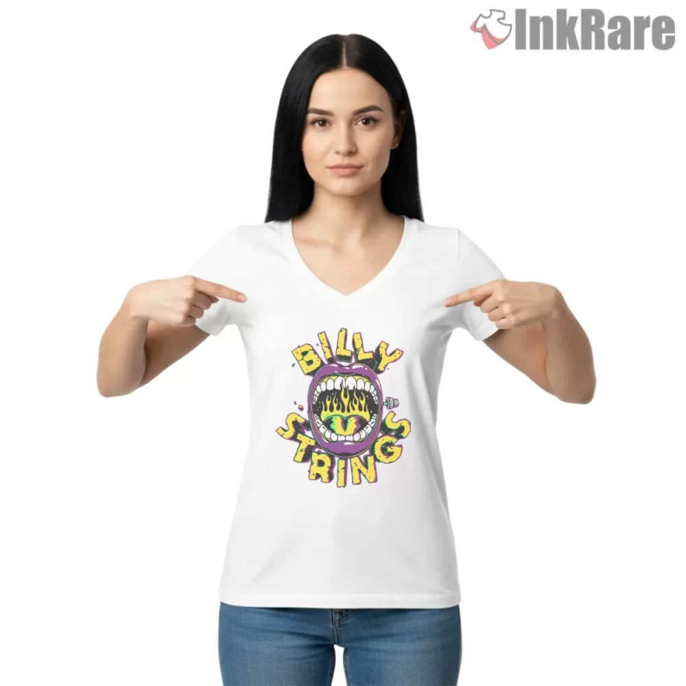 Billy Strings Psychedelic Fire Mouth Shirt on white v-neck shirt for women graphic tee