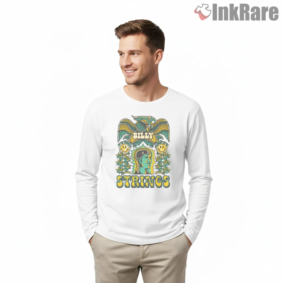 Billy Strings Psychedelic Folk Poster Style Long Sleeve White Billy Strings Psychedelic Folk Poster Style Shirt on white long sleeve shirt for men graphic tee