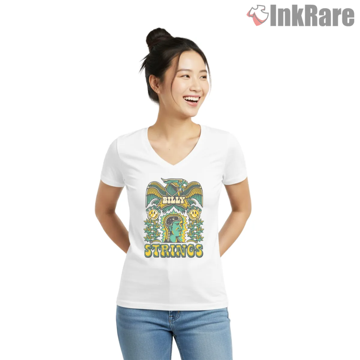 Billy Strings Psychedelic Folk Poster Style V Neck White Billy Strings Psychedelic Folk Poster Style Shirt on white v-neck shirt for women graphic tee