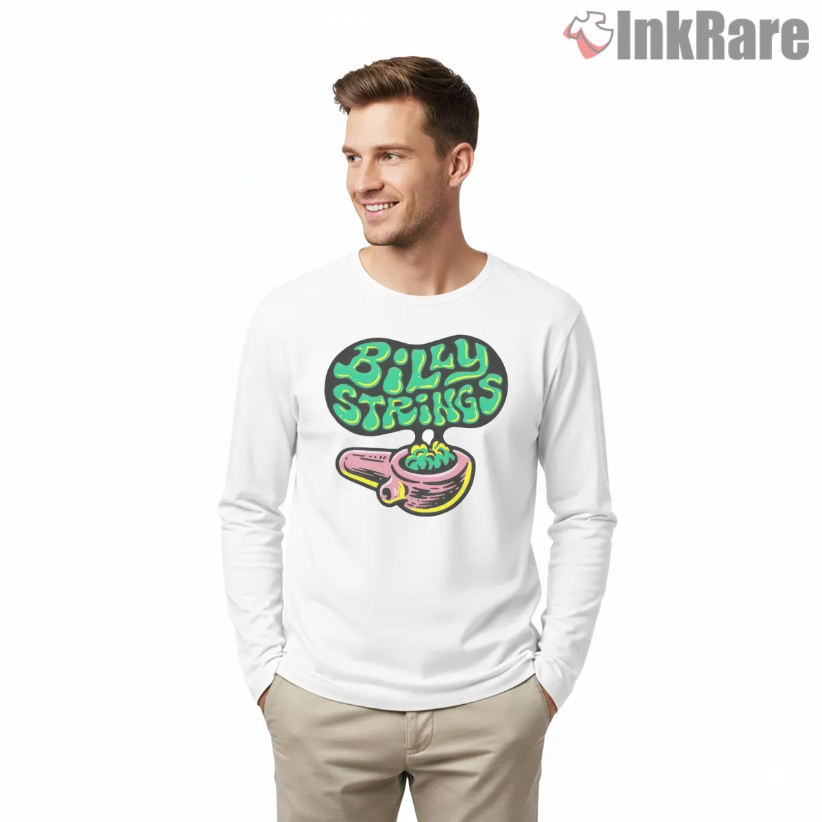 Billy Strings Psychedelic Smoke Logo Long Sleeve White Billy Strings Psychedelic Smoke Logo Shirt on white long sleeve shirt for men graphic tee