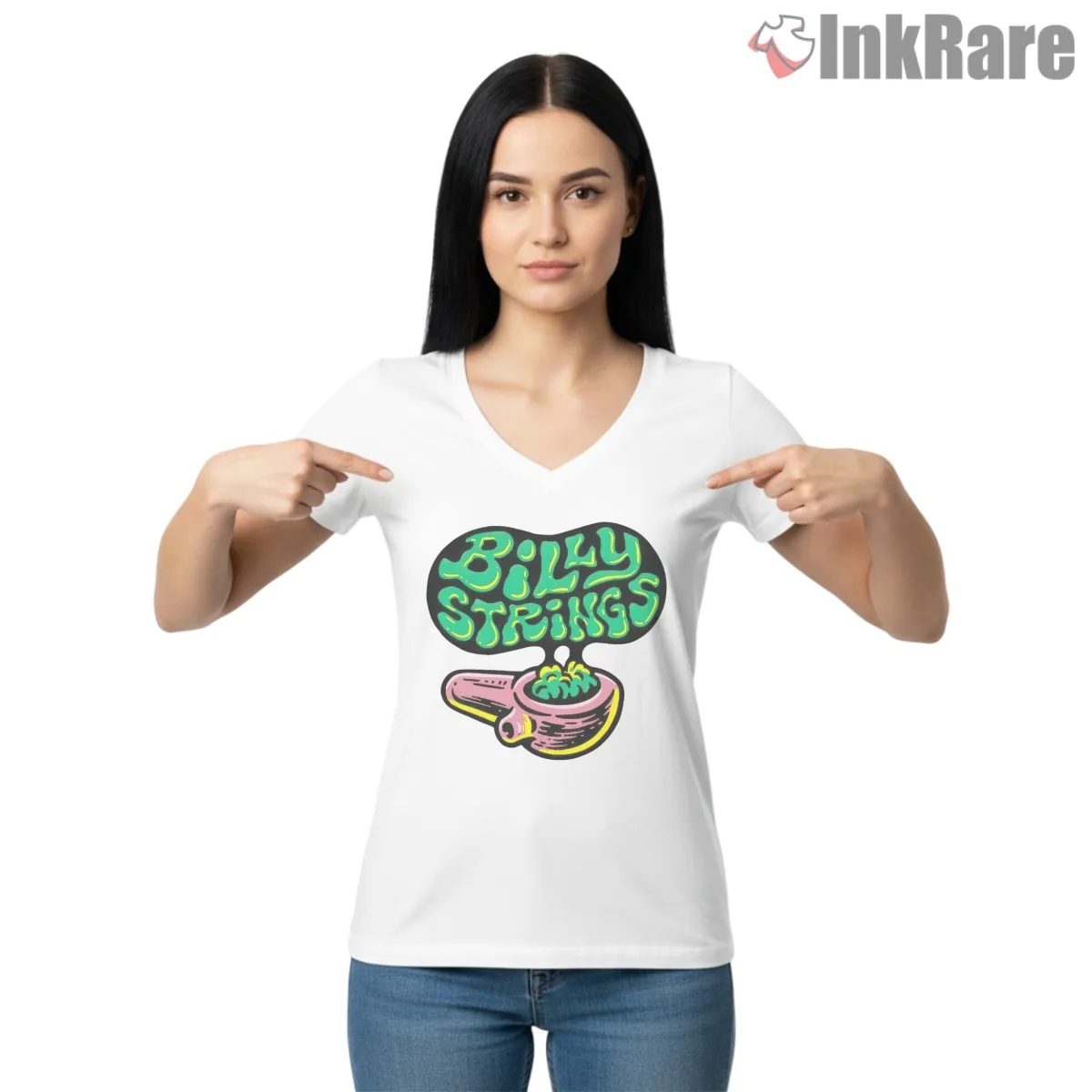 Billy Strings Psychedelic Smoke Logo V Neck White Billy Strings Psychedelic Smoke Logo Shirt on white v-neck shirt for women graphic tee
