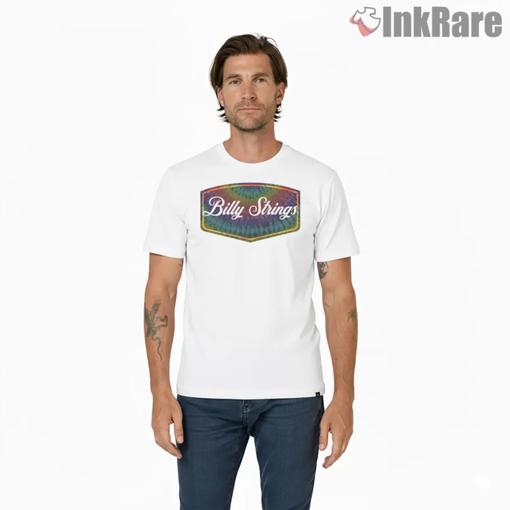 Billy Strings Rainbow Tie Dye Logo Shirt on white short sleeve shirt for men graphic tee