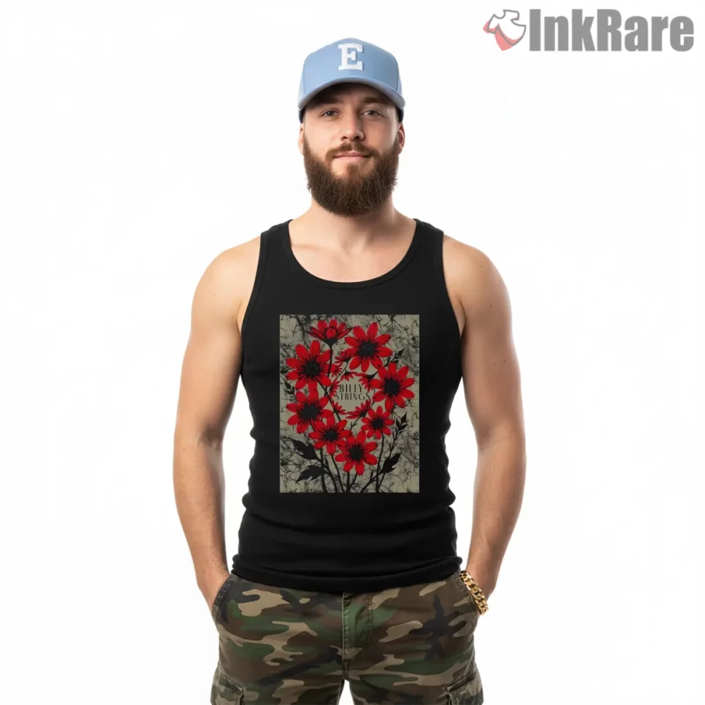 Billy Strings Red Batik Floral Shirt on black tank top for men graphic tee