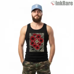 Billy Strings Red Batik Floral Shirt on black tank top for men graphic tee