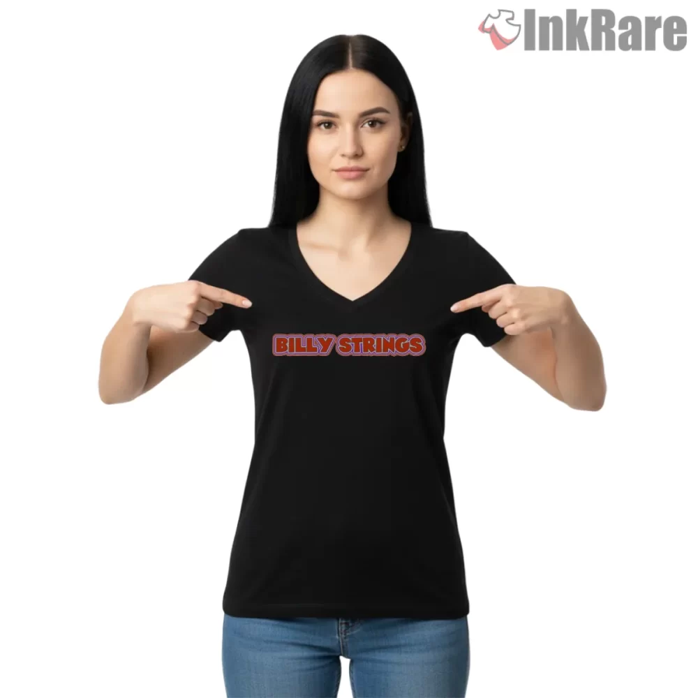 Billy Strings Red Block Wordmark Shirt on black v-neck shirt for women graphic tee