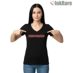 Billy Strings Red Block Wordmark Shirt on black v-neck shirt for women graphic tee