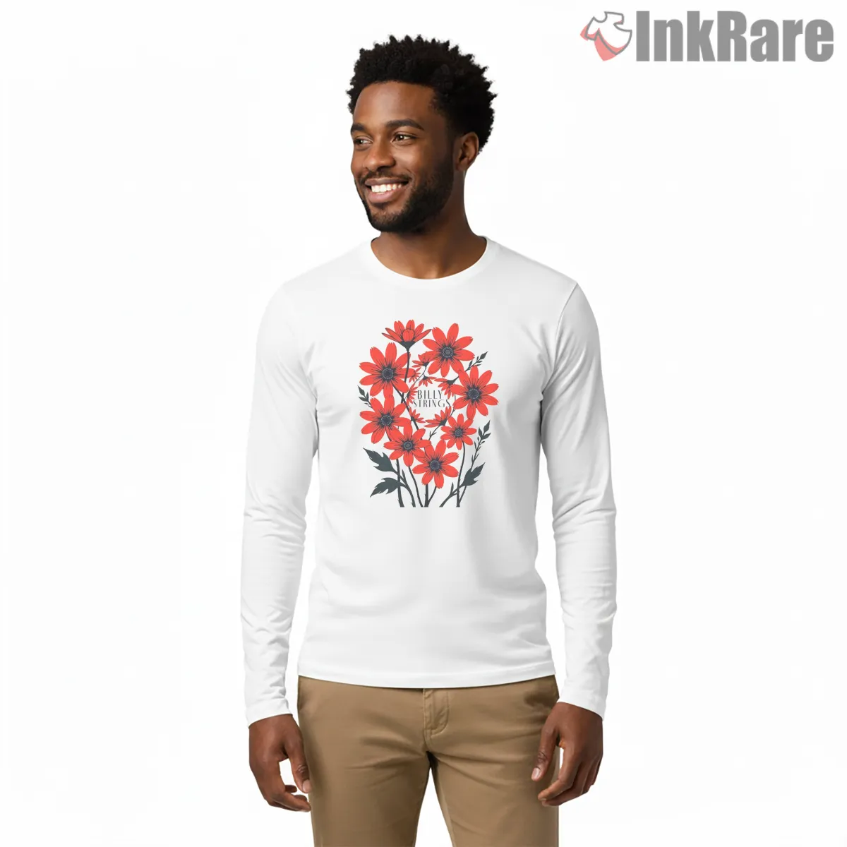 Billy Strings Red Daisies Art Shirt on white long sleeve shirt for men graphic tee