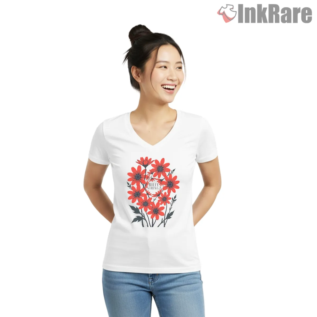 Billy Strings Red Daisies Art V Neck White Billy Strings Red Daisies Art Shirt on white v-neck shirt for women graphic tee