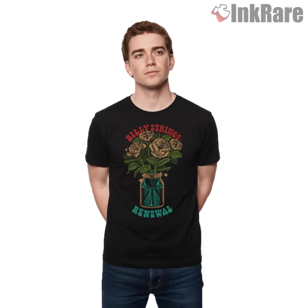 Billy Strings Renewal Roses Mason Jar Shirt on black short sleeve shirt for men graphic tee