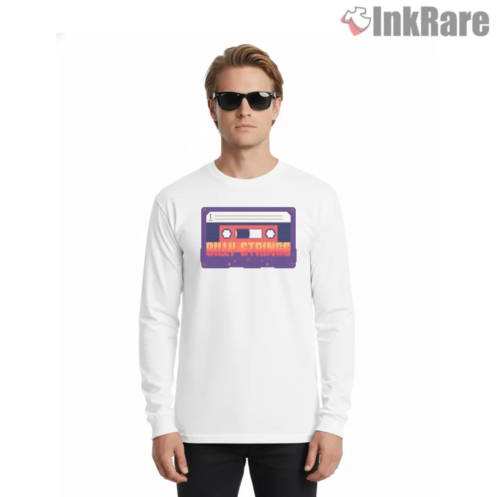 Billy Strings Retro 80s Bluegrass Cassette Tape Shirt on white long sleeve shirt for men graphic tee