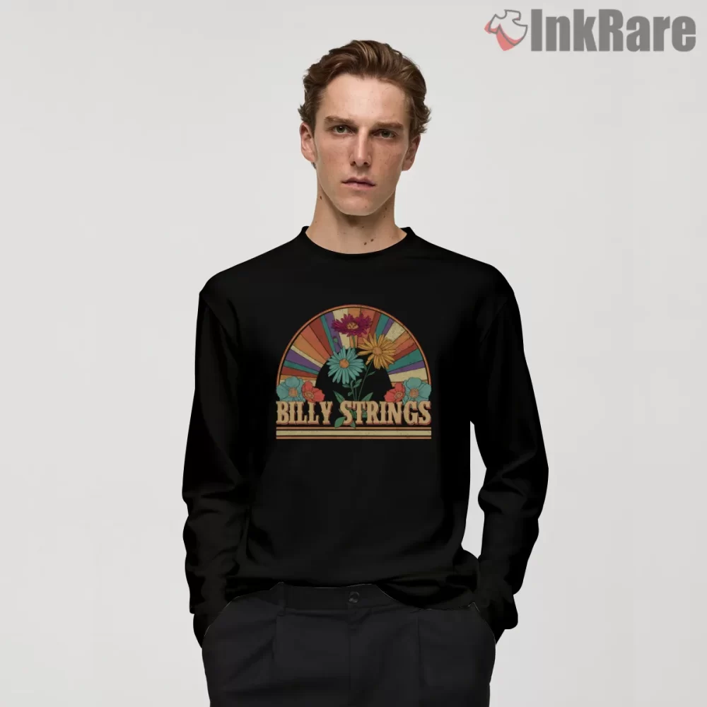 Billy Strings Retro Flower Sunburst Badge Shirt on black long sleeve shirt for men graphic tee