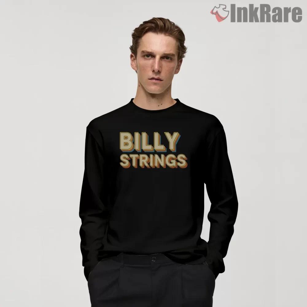 Billy Strings Retro Outline Wordmark Shirt on black long sleeve shirt for men graphic tee