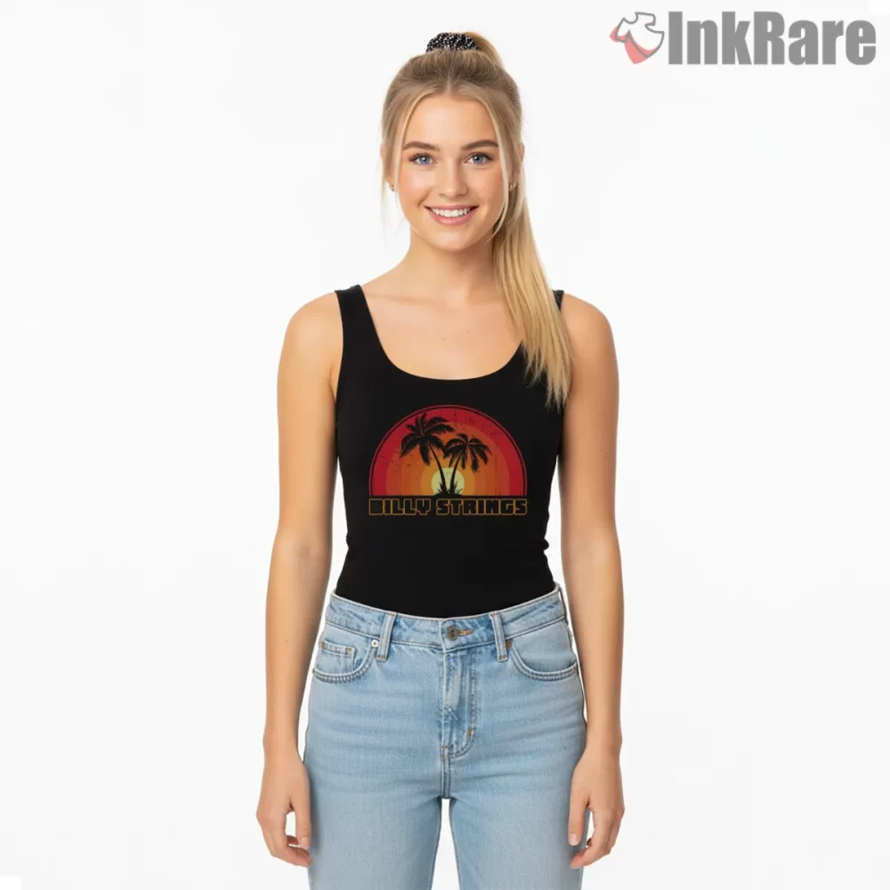 Billy Strings Retro Palm Sunset Badge Shirt on black tank top for women graphic tee