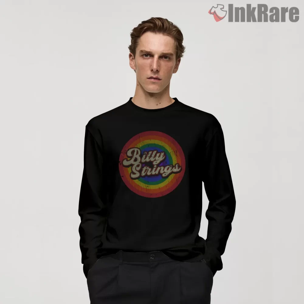 Billy Strings Retro Rainbow Badge Shirt on black long sleeve shirt for men graphic tee