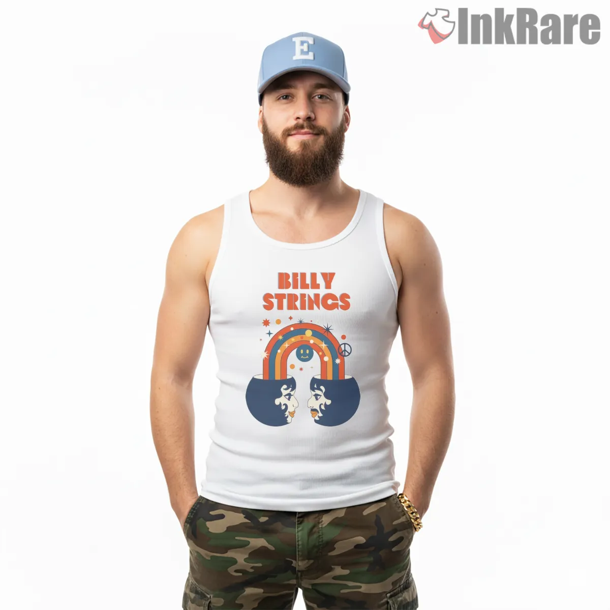 Billy Strings Retro Rainbow Face Shirt on white tank top for men graphic tee