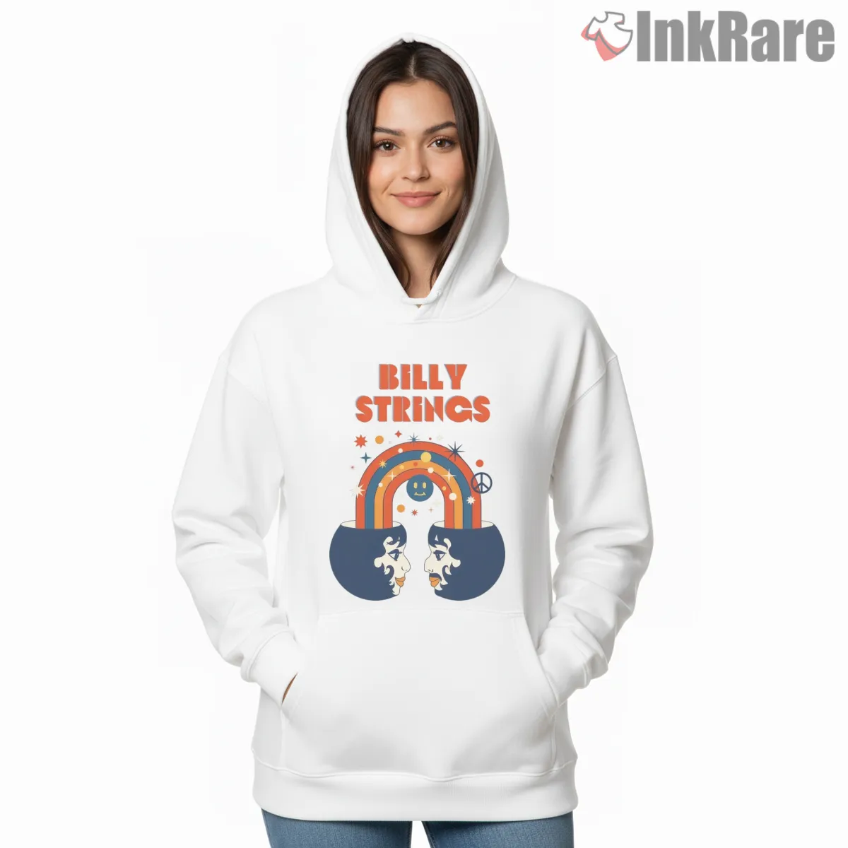 Billy Strings Retro Rainbow Face Hoodie White Billy Strings Retro Rainbow Face Shirt on white hoodie for women graphic tee