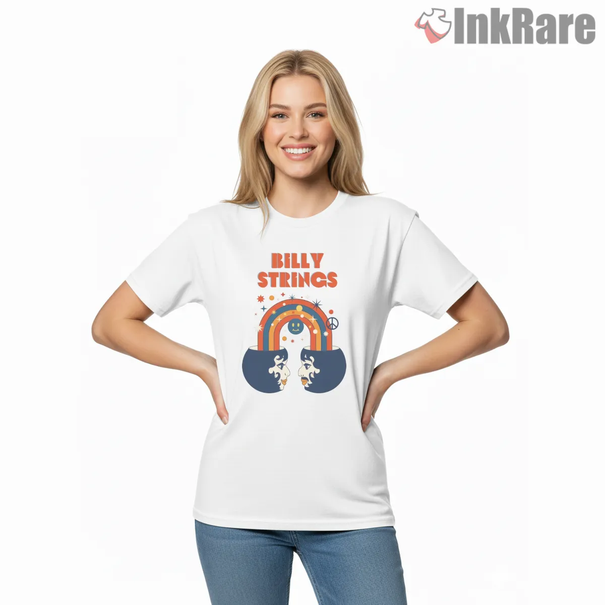 Billy Strings Retro Rainbow Face Short Sleeve White Billy Strings Retro Rainbow Face Shirt on white short sleeve shirt for women graphic tee