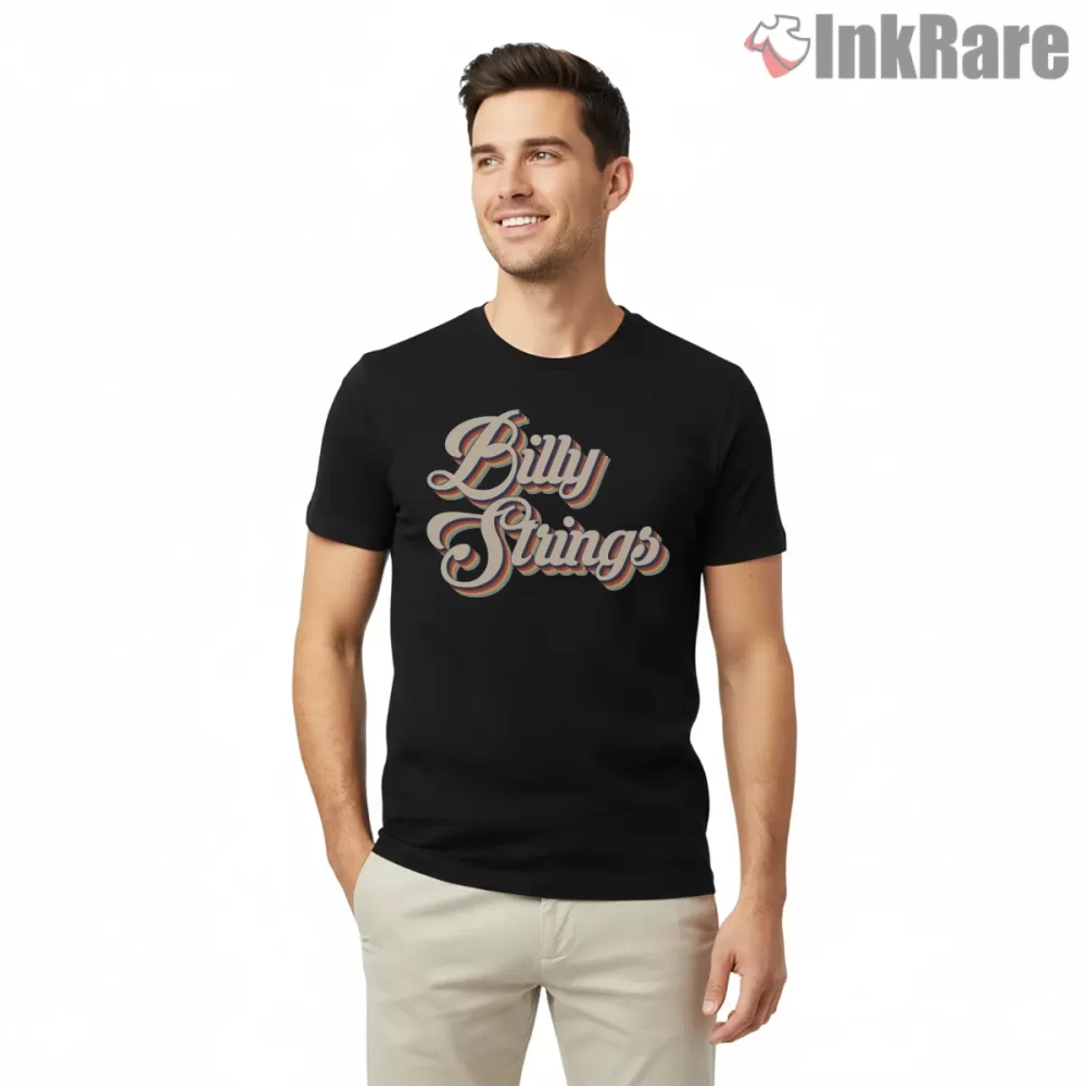 Billy Strings Retro Script Rainbow Outline Shirt on black short sleeve shirt for men graphic tee