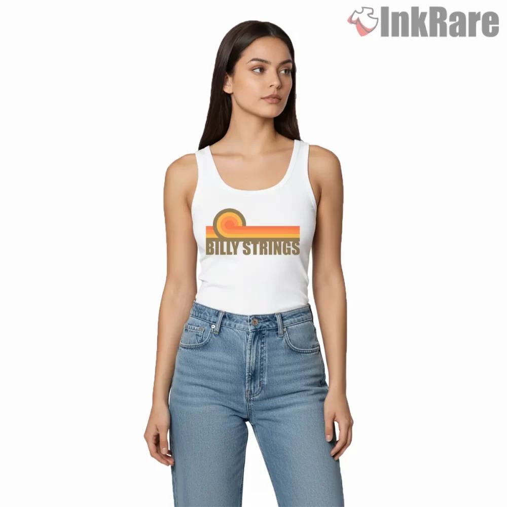 Billy Strings Retro Sunset Stripe Logo Shirt on white tank top for women graphic tee