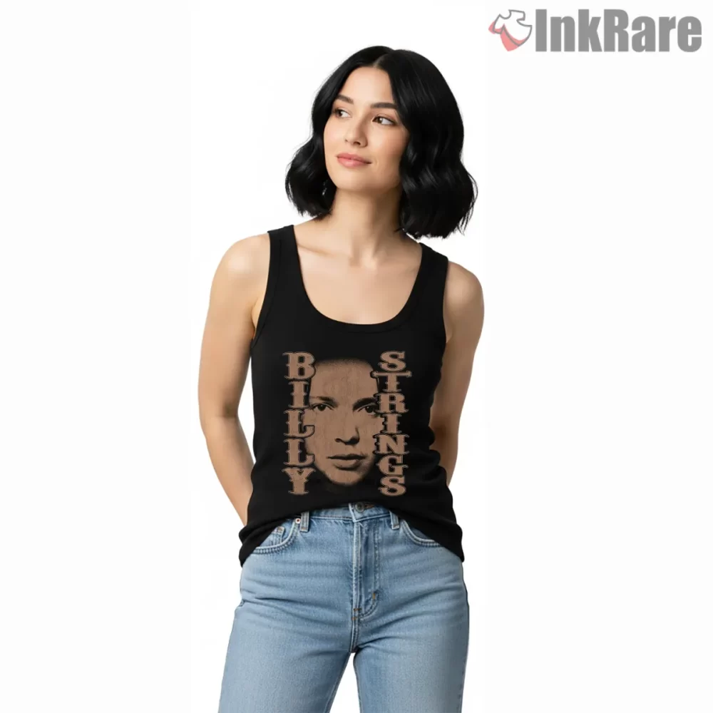 Billy Strings Sepia Portrait Typography Shirt on black tank top for women graphic tee