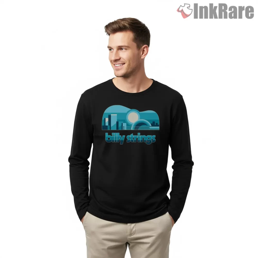 Billy Strings Skyline Sunset Badge Shirt on black long sleeve shirt for men graphic tee