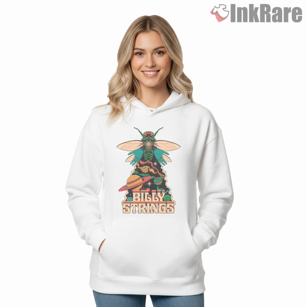Billy Strings Space Bug Cosmic Jam Shirt on white hoodie for women graphic tee