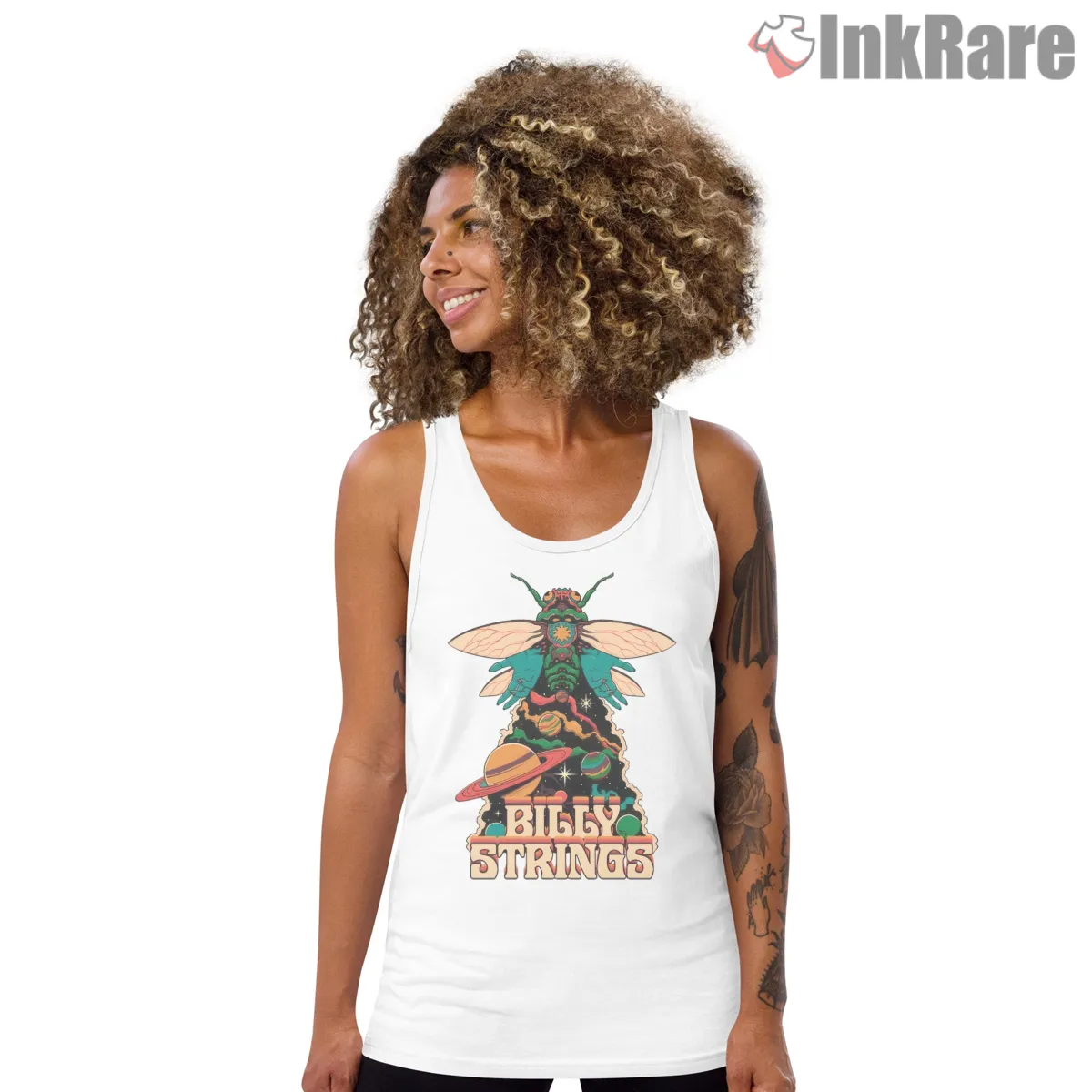 Billy Strings Space Bug Cosmic Jam Tank Top White Billy Strings Space Bug Cosmic Jam Shirt on white tank top for women graphic tee