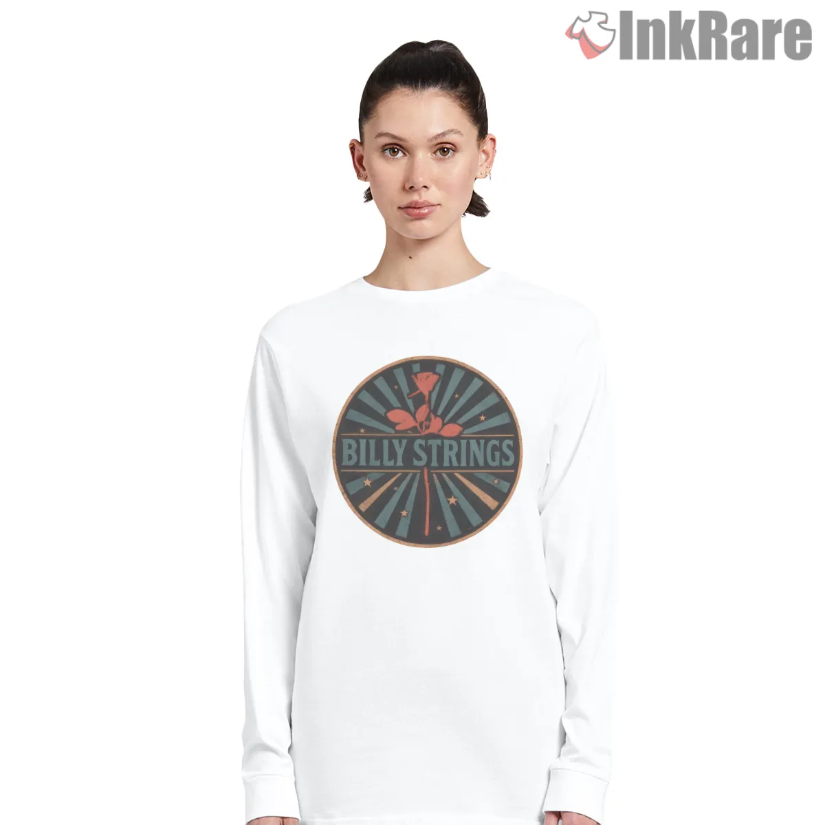 Billy Strings Sunrise Rose Music Emblem Long Sleeve White Billy Strings Sunrise Rose Music Emblem Shirt on white long sleeve shirt for women graphic tee