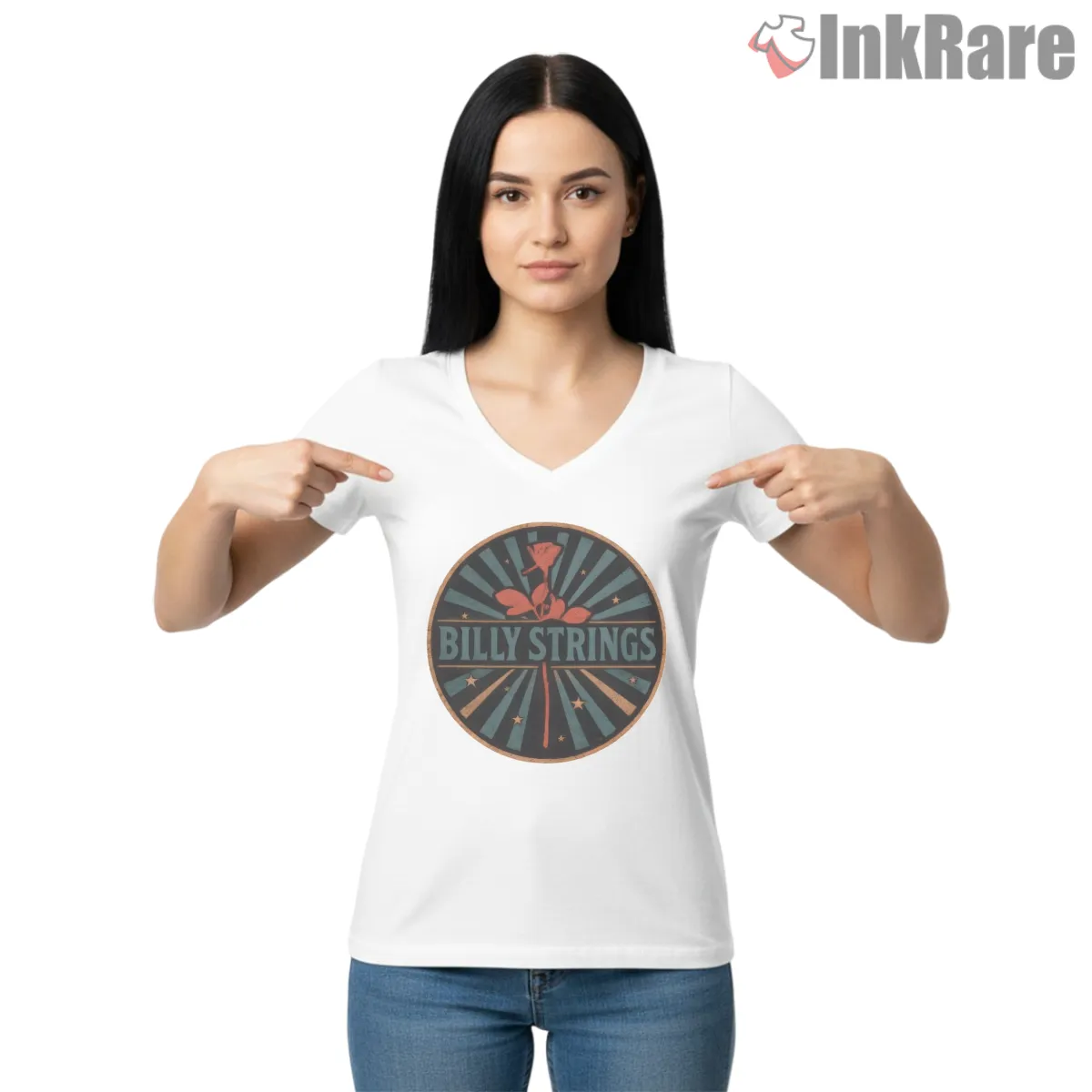 Billy Strings Sunrise Rose Music Emblem V Neck White Billy Strings Sunrise Rose Music Emblem Shirt on white v-neck shirt for women graphic tee