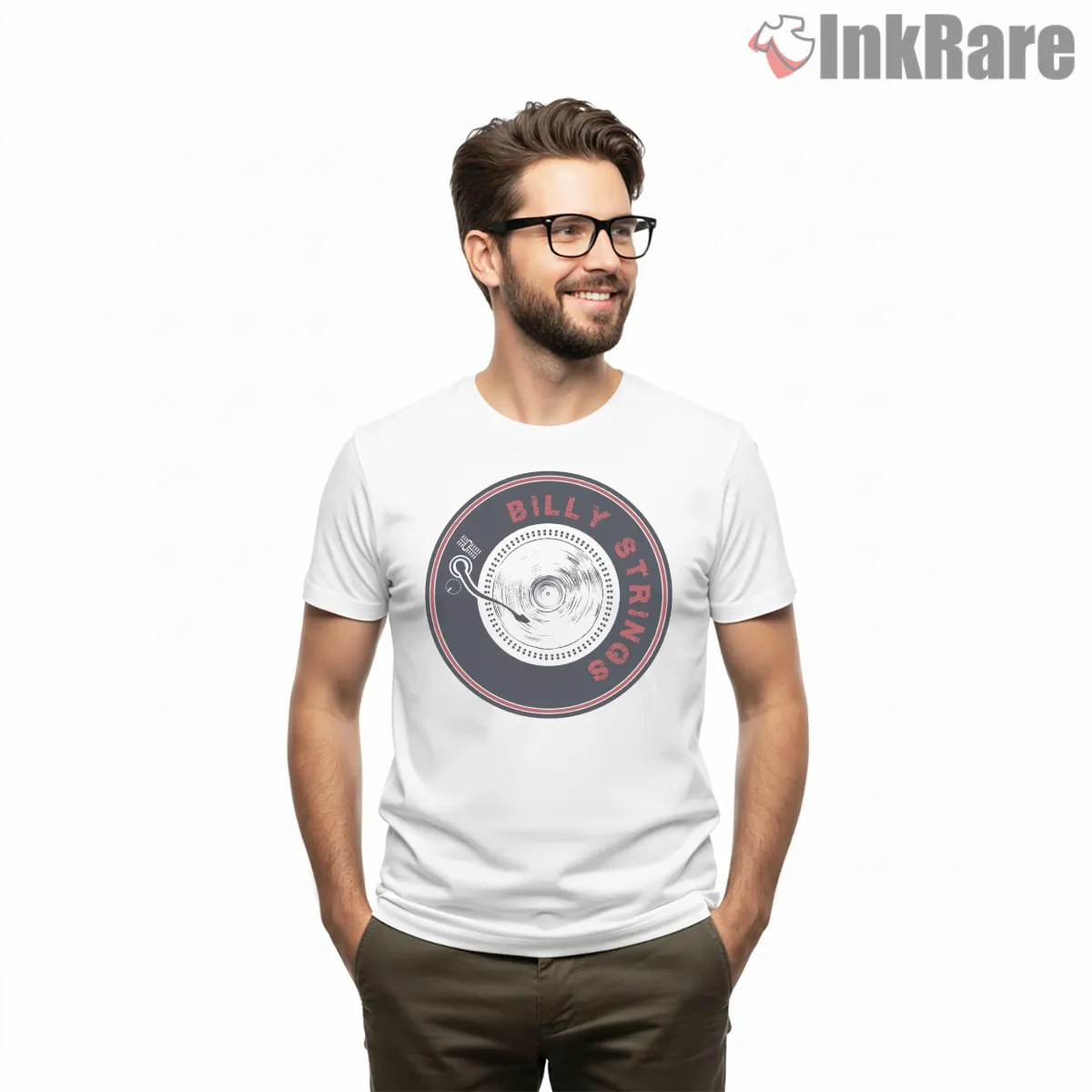 Billy Strings Turntable Vinyl Logo Shirt on white short sleeve shirt for men graphic tee