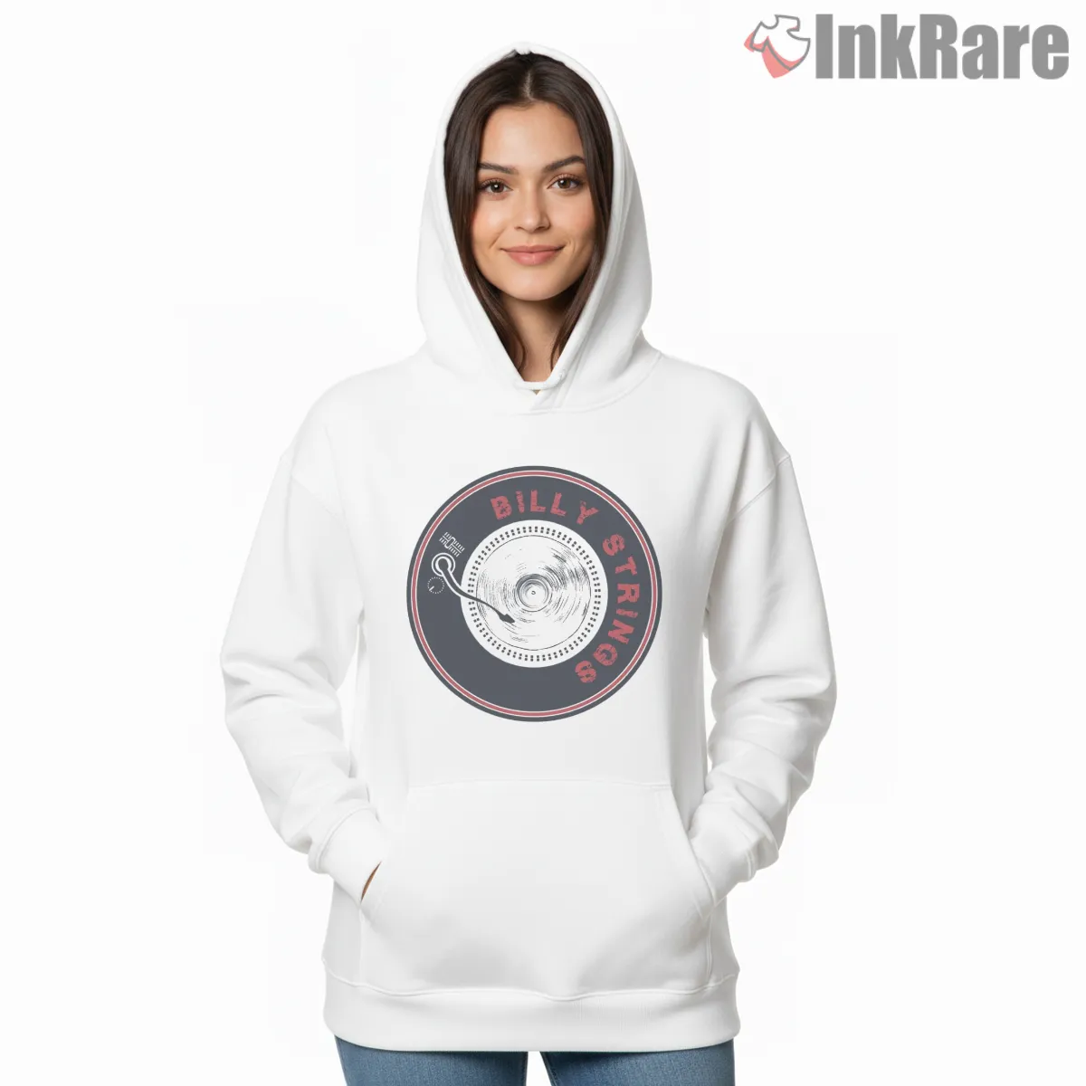 Billy Strings Turntable Vinyl Logo Hoodie White Billy Strings Turntable Vinyl Logo Shirt on white hoodie for women graphic tee