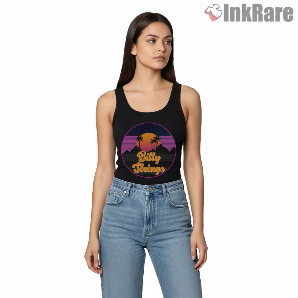 Billy Strings Vaporwave Sunset Mountain Circle Shirt on black tank top for women graphic tee