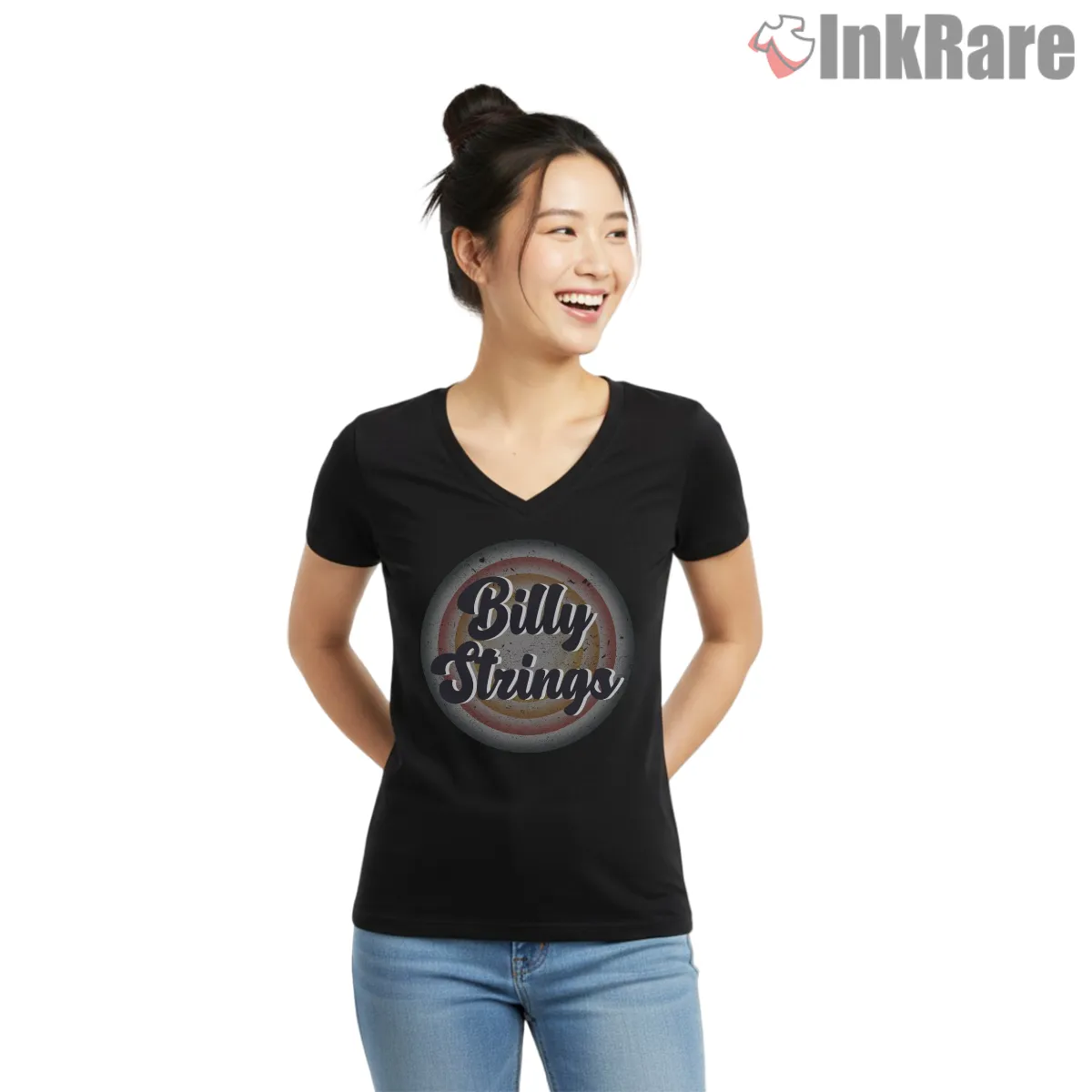 Billy Strings Vintage Round Logo Stamp V Neck Black Billy Strings Vintage Round Logo Stamp Shirt on black v-neck shirt for women graphic tee
