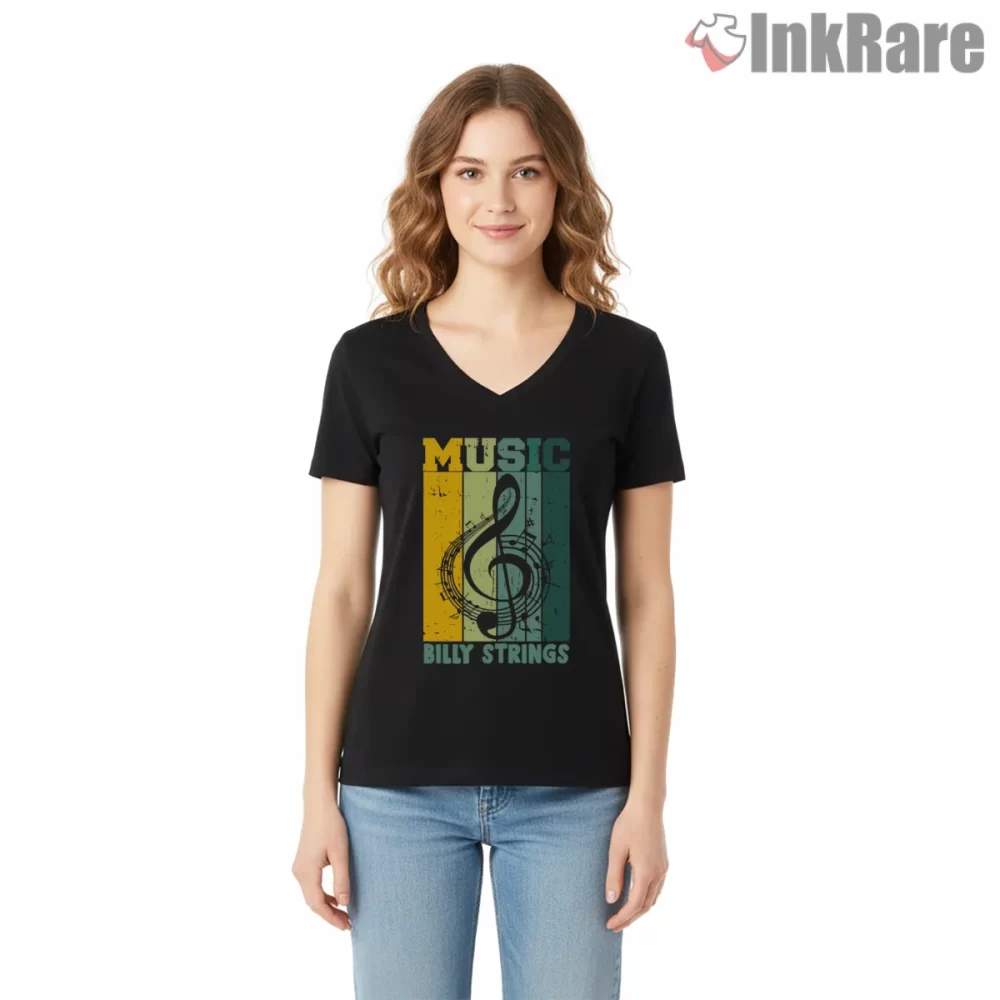 Billy Strings Vintage Treble Clef Music Shirt on black v-neck shirt for women graphic tee