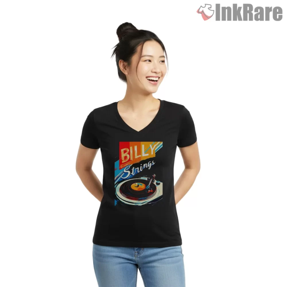 Billy Strings Vintage Turntable Record Player Shirt on black v-neck shirt for women graphic tee