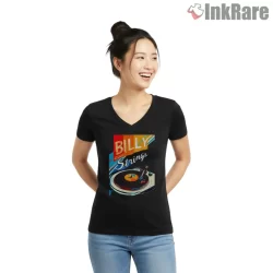 Billy Strings Vintage Turntable Record Player Shirt on black v-neck shirt for women graphic tee