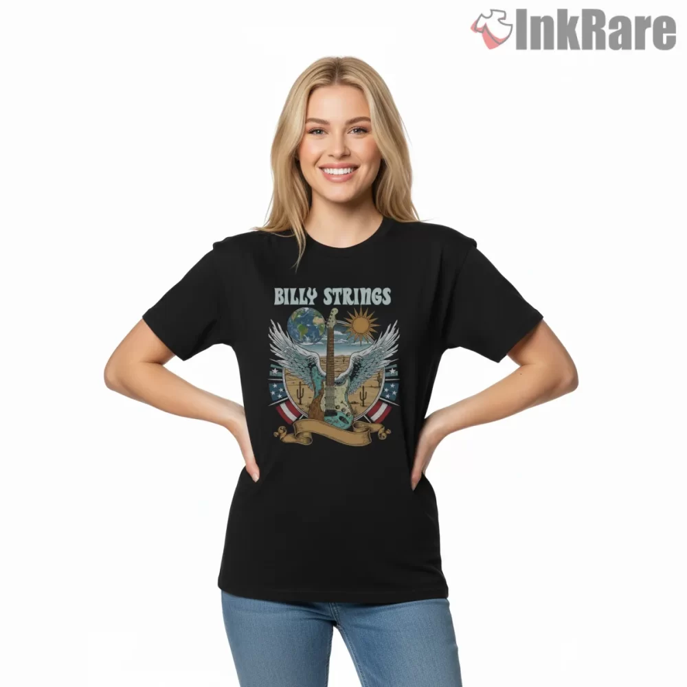 Billy Strings Winged Guitar Americana Fan Art Shirt on black short sleeve shirt for women graphic tee