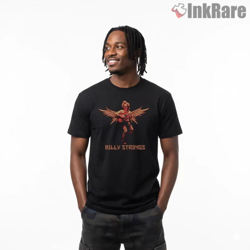 Billy Strings Winged Guitar Angel Shirt on black short sleeve shirt for men graphic tee