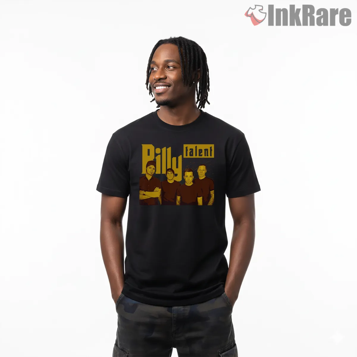 Billy Talent Band Portrait Yellow Logo Shirt on black short sleeve shirt for men graphic tee